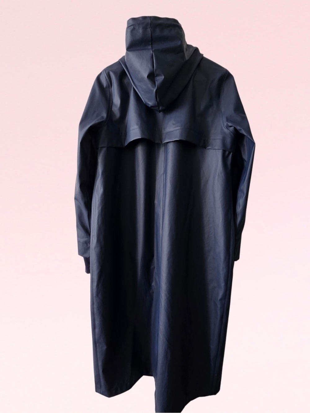 Classic Navy Hooded Long Rain Trench Coat by Mernini. Ladies Sz. Medium. 46 in - Picture 2 of 15